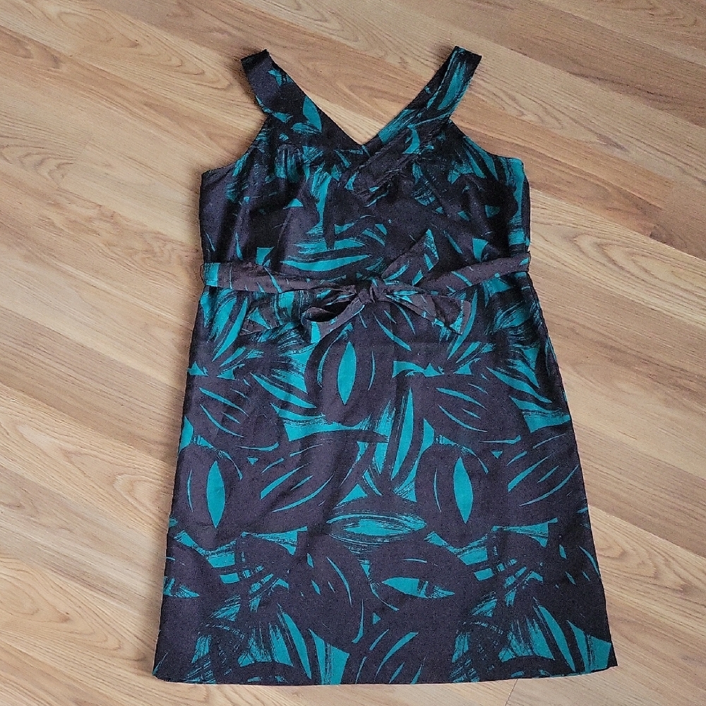 Banana Republic Brown & Teal Green Abstract Floral V-Neck Sleeveless Midi Dress
